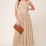 VALHALLA BROWN STRIPED WOVEN MIDI DRESS