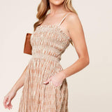 VALHALLA BROWN STRIPED WOVEN MIDI DRESS