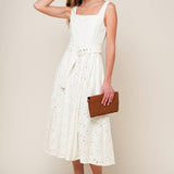 DAFFODILS & DAYDREAMS WOVEN LACE MIDI DRESS