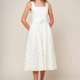 DAFFODILS & DAYDREAMS WOVEN LACE MIDI DRESS