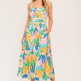 SUNLIT GARDEN PINK BLUE WOVEN MIDI DRESS
