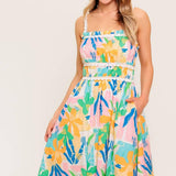 SUNLIT GARDEN PINK BLUE WOVEN MIDI DRESS