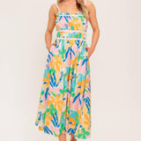 SUNLIT GARDEN PINK BLUE WOVEN MIDI DRESS