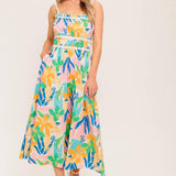 SUNLIT GARDEN PINK BLUE WOVEN MIDI DRESS