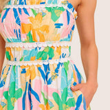 SUNLIT GARDEN PINK BLUE WOVEN MIDI DRESS