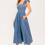 DRIFTWOOD PETAL CHAMBRAY MIDI DRESS