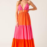 REGAL RISE WOVEN COLOR BLOCKED MAXI DRESS