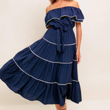 BUTTERCREAM DREAM NAVY WOVEN MIDI DRESS