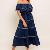 BUTTERCREAM DREAM NAVY WOVEN MIDI DRESS