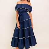 BUTTERCREAM DREAM NAVY WOVEN MIDI DRESS