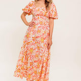 OCEAN FLORALS CORAL WOVEN MIDI DRESS