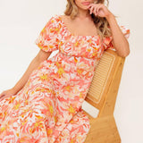 OCEAN FLORALS CORAL WOVEN MIDI DRESS