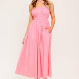 HONEY SUNSET PINK WOVEN MIDI DRESS