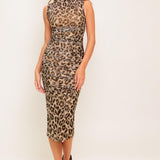 WILD INSTINCT LEOPARD POWER MESH MIDI DRESS