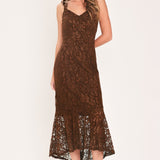 AUTUMN ROMANCE CHESTNUT LACE TIE-STRAP MIDI DRESS