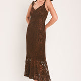 AUTUMN ROMANCE CHESTNUT LACE TIE-STRAP MIDI DRESS