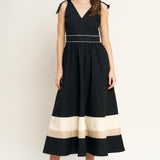 FOREST CHARM BLACK CREAM WOVEN MIDI DRESS