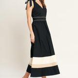 FOREST CHARM BLACK CREAM WOVEN MIDI DRESS