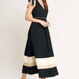 FOREST CHARM BLACK CREAM WOVEN MIDI DRESS