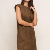 QUIET LUXURY EDGE FAUX SUEDE MIDI SHIFT DRESS