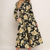 MIDNIGHT BLOOM BLACK WOVEN MIDI DRESS