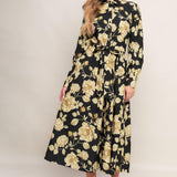 MIDNIGHT BLOOM BLACK WOVEN MIDI DRESS