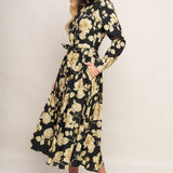 MIDNIGHT BLOOM BLACK WOVEN MIDI DRESS