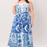 BLUE MAJOLICA CHARM WOVEN MIDI DRESS