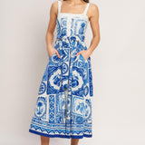 BLUE MAJOLICA CHARM WOVEN MIDI DRESS