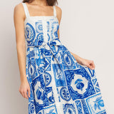BLUE MAJOLICA CHARM WOVEN MIDI DRESS