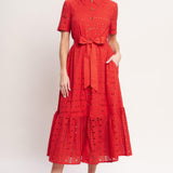 POWER SCARLET WOVEN EYELET MIDI DRESS