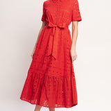 POWER SCARLET WOVEN EYELET MIDI DRESS