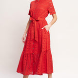 POWER SCARLET WOVEN EYELET MIDI DRESS