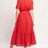 POWER SCARLET WOVEN EYELET MIDI DRESS