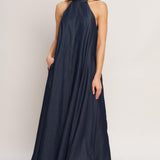 MIDNIGHT FLOW WOVEN MIDI HALTER DRESS