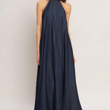 MIDNIGHT FLOW WOVEN MIDI HALTER DRESS