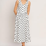VINTAGE WHISPER POLKA WOVEN MIDI DRESS