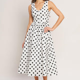 VINTAGE WHISPER POLKA WOVEN MIDI DRESS