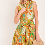 TROPICAL BLOOM TIERED WOVEN MINI SHIRT DRESS
