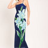 DEEP BLOOM POWER MESH MIDI DRESS