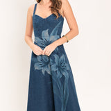 MIDNIGHT BLOOM DENIM MIDI DRESS