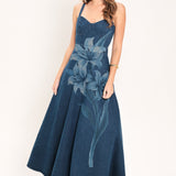 MIDNIGHT BLOOM DENIM MIDI DRESS
