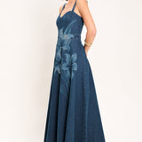 MIDNIGHT BLOOM DENIM MIDI DRESS