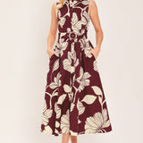 CLARET FLORAL DAY WOVEN MIDI DRESS