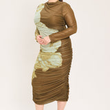 [PREORDER] BROWN BLOSSOM CONTOUR POWER MESH MIDI DRESS