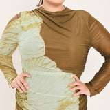 [PREORDER] BROWN BLOSSOM CONTOUR POWER MESH MIDI DRESS