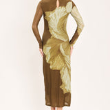 [PREORDER] BROWN BLOSSOM CONTOUR POWER MESH MIDI DRESS