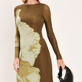 [PREORDER] BROWN BLOSSOM CONTOUR POWER MESH MIDI DRESS