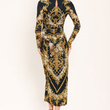 BAROQUE ROSE POWER MESH MIDI DRESS