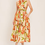 APRICOT SUNSET WOVEN MIDI DRESS